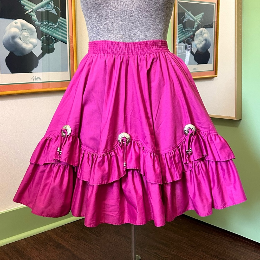 Vintage Malco Modes Pink Tiered Ruffle Western Square Dance Skirt Conchos Rodeo